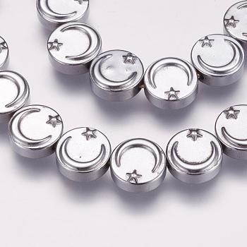 Electroplate Non-magnetic Hematite Beads Strands, Synthetic, Flat Round with Moon and Star, Platinum Plated, 10x4mm, Hole: 1mm, about 40~41pcs/strand, 15.5  inch~15.7 inch(39.5~40cm)