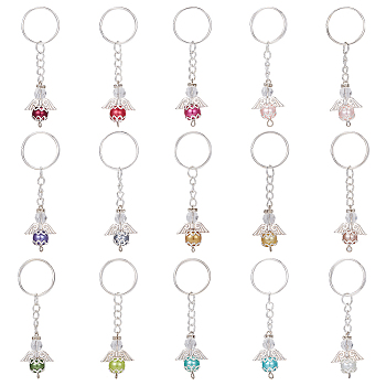 PandaHall Elite 2 Sets Baptism Beaded Glass Pearl Angel Keychain, with Iron Findings, Mixed Color, 7.5cm, 15pcs/set