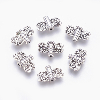Tibetan Style Alloy Dragonfly Beads, Cadmium Free & Nickel Free & Lead Free, Antique Silver, 10x15x3mm, Hole: 1mm