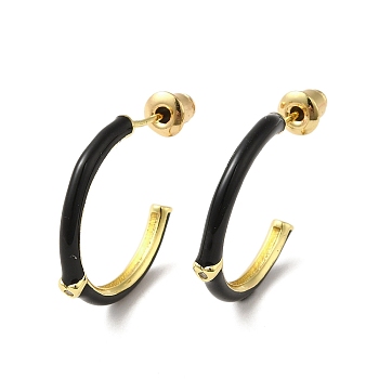 Real 18K Gold Plated Brass Ring Stud Earrings, Half Hoop Earrings with Enamel, Black, 19.5x2.5mm