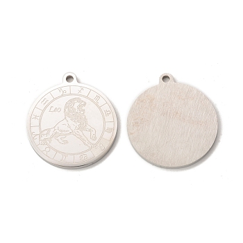 304 Stainless Steel Pendants, Flat Round with Constellations Charm, Stainless Steel Color, Leo, 28x25x1.5mm, Hole: 2mm