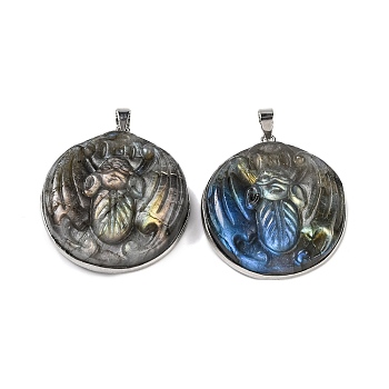 Natural Labradorite Carved Insect Pendants, Flat Round Charms with Platinum Plated Rack Plating Brass Snap on Bails, 36x32x8.5mm, Hole: 5x4mm