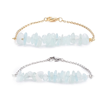 2Pcs 2 Color Natural Aquamarine Chip Beaded Link Bracelets Set with 304 Stainless Steel Cable Chains, Gemstone Jewelry for Women, 7-1/2 inch(19cm)