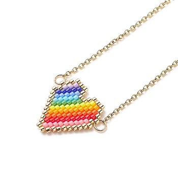 Rainbow Color Japanese Seed Braided Heart Pendant Necklace with 304 Stainless Steel Chains for Women, Colorful, 15.94 inch(40.5cm)