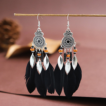 Feather Chandelier Earrings, Antique Silver Plated Alloy Jewelry for Women, Black, 110x22mm