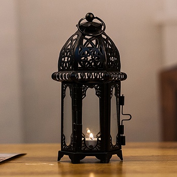 Elements of Ramadan Lantern Shape Iron with Glass Candlestick, Metal Wind Lamp Decoration Ornament, Black, 7x6.2x15.8cm
