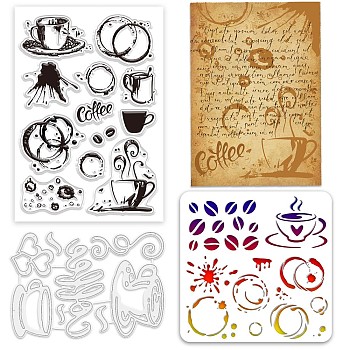 1Pc Coffee Theme Carbon Steel Cutting Dies Stencils, 1Pc PET Hollow Out Drawing Painting Stencils, 1 Sheet Custom PVC Plastic Clear Stamps, Tableware, 116~200x81~200x0.8~3mm