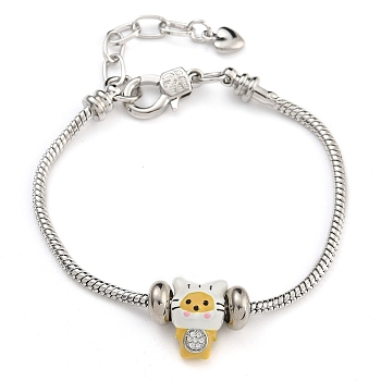 Brass European Bracelets, with Enamel Charm, Cat, Gold, 7-1/8 inch(18.2cm)