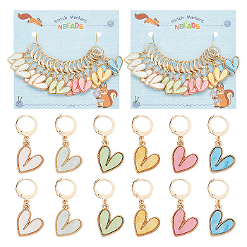 Heart Alloy & Acrylic Pendant Stitch Markers, Crochet Leverback Hoop Charms, Locking Stitch Marker with Wine Glass Charm Ring, Mixed Color, 3.4cm, 6 colors, 3pcs/color, 18pcs/set, 2 sets/box