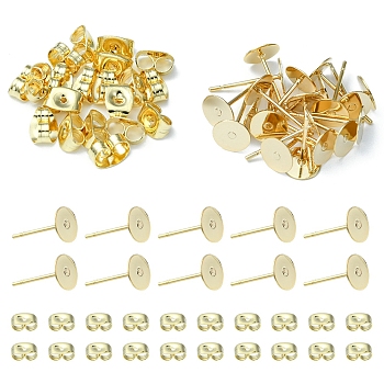 20Pcs 304 Stainless Steel Stud Earring Findings, Flat Round Pad Base Earring Settings, with 20Pcs Friction Ear Nuts, Golden, 6x0.3mm, Pin: 0.7mm