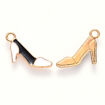 Alloy Enamel Charms, High-Heeled Shoes, Light Gold, Black, 13x14x1.5mm, Hole: 1.8mm
