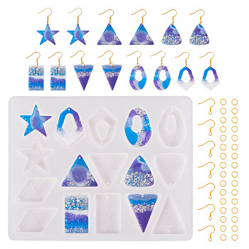 DIY Earring Making Kits, Including 1Pc Star/Rhombus/Triangle Silicone Pendant Molds, with 100Pcs Iron Earring Hooks, 100Pcs Iron Jump Rings, White, Mold: 109x137x4.5mm, Hole: 1.5mm, Inner Diameter: 24.5~34x18~27mm