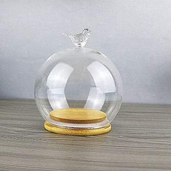 Bird Glass Dome Cover, Decorative Display Case, Cloche Bell Jar Terrarium with Wood Base, for DIY Preserved Flower Gift, Clear, 120mm