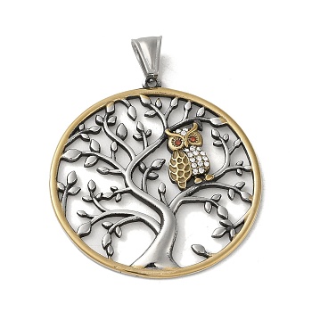 304 Stainless Steel Rhinestone Pendants, Flat Round with Tree of Life & Owl Charm, Antique Silver & Golden, 49x46x3mm, Hole: 8.5X4mm