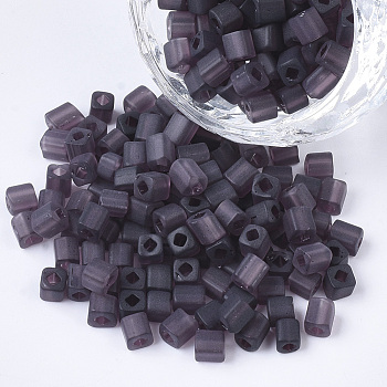 6/0 Transparent Glass Seed Beads, Frosted Colours, Square Hole, Cube, Purple, 6/0, 3~5x3~4x3~4mm, Hole: 1.2~1.4mm, about 4500pcs/bag