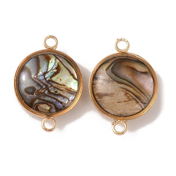 Natural Abalone Shell/Paua Shell Connector Charms, with Golden Tone Brass Findings, Flat Round, 17x12x5mm, Hole: 1.6mm