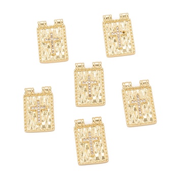 Brass Micro Pave Cubic Zirconia Pendant, Long-Lasting Plated, Rectangle with Cross, Real 18K Gold Plated, 20.5x13x2mm, Hole: 1.8mm