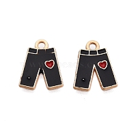 Alloy Enamel Charms, Pants with Heart Pattern, Light Gold, Black, 15x12x1.5mm, Hole: 1.8mm(ENAM-S121-064A)