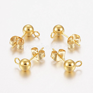 304 Stainless Steel Stud Earring Findings, with Loop, Ear Nuts/Earring Backs, Round, Real 24K Gold Plated, 8x5mm, Hole: 2mm, Pin: 0.8mm(STAS-F162-49G)