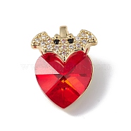 Real 18K Gold Plated Rack Plating Brass Micro Pave Clear Cubic Zirconia Pendants, with Glass, Long-Lasting Plated, Cadmium Free & Lead Free, Bat with Heart Charm, Red, 18x14x9.5mm, Hole: 5x3mm(KK-C015-10G-02)