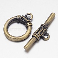 Brass Ring Toggle Clasps, Nickel Free, Antique Bronze, Ring: 21x16x4mm, Bar: 9x30x4mm, Hole: 2mm(KK-L116-33AB-NF)