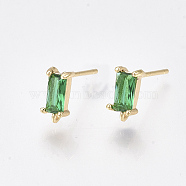 Brass Stud Earring Findings, Cubic Zirconia and Loop, Nickel Free, Real 18K Gold Plated, Rectangle, Green, 8.5x4mm, Hole: 0.8mm, Pin: 0.8mm(X-KK-T038-492A)