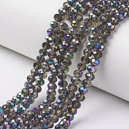 Electroplate Transparent Glass Beads Strands, Half Multi-color Plated, Faceted, Rondelle, Dark Gray, 6x5mm, Hole: 1mm, about 83~85pcs/strand, 38~39cm(EGLA-A034-T6mm-Q10)