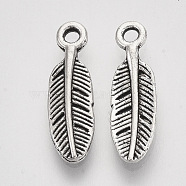 Tibetan Style Alloy Charms, Feather, Cadmium Free & Lead Free, Antique Silver, 12x4x1.5mm, Hole: 1.2mm(X-TIBEP-S319-008AS-RS)