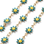304 Stainless Steel Handmade Beaded Chain, with Enamel, with Spool, Soldered, Real 18K Gold Plated, Flower, Deep Sky Blue, 13x7.5x2mm, about 16.40 Feet(5m)/Roll(CHS-K019-06G-03)