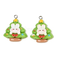 Christmas Theme Rabbit Opaque Resin Pendants, with Platinum Iron Loop, Christmas Tree, 27.5x24x8.5mm, Hole: 2mm(RESI-S08-04F)