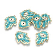 Handmade Japanese Seed Beads, with Japan Import Thread, Loom Pattern, Hamsa Hand with Eye, Cyan, 27x20x2mm(SEED-P003-12E)