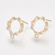 Brass Cubic Zirconia Stud Earring Findings, with Loop, Clear, Nickel Free, Real 18K Gold Plated, 12x10.5mm, Hole: 1mm, Pin: 0.8mm(KK-S350-343)