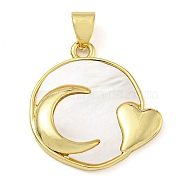 Rack Plating Brass Pave Shell Flat Round Heart Pendants, Real 18K Gold Plated, Lead Free & Cadmium Free, Long-Lasting Plated, Moon, 20.5x20x2.5mm, Hole: 6x3.5mm(KK-Z063-13G-02)