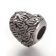Retro 316 Surgical Stainless Steel European Style Beads, Large Hole Beads, Heart with Lip, Antique Silver, 10.5x11.5x8.5mm, Hole: 4.5mm(OPDL-L013-02AS)