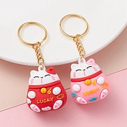 PVC Plastic Keychains, with 304 Stainless Steel & Iron Findings, Maneki Neko, Mixed Color, 8.9cm(KEYC-YW0001-12)