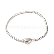 Tarnish Resistant 304 Stainless Steel Round Snake Chain Bracelets with Clasps, Stainless Steel Color, Heart, 8-1/2 inch(21.5cm), Clasp: 10x13x7mm(BJEW-F472-01P-04)