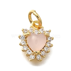 Brass Micro Pave Cubic Zirconia with Glass Pendants, Heart Charms, Lead Free & Cadmium Free, Real 18K Gold Plated, Rack Plating, with Jump Ring, Misty Rose, 11x9x4.5mm, Hole: 3mm(KK-D295-28G-01)