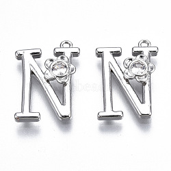 Brass Pendants, with Rhinestones, Alphabet, Platinum, Letter.N, 17.5x12.5x2.5mm, Hole: 1mm(KK-Q768-001P-N)