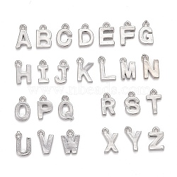 Brass Charms, Alphabet, Platinum, Letter A~Z, 8~8.5x4~6x1.5mm, Hole: 0.8mm(KK-S350-167-P-M)