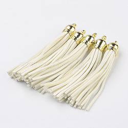 Faux Suede Tassel Pendant Decorations, with CCB Plastic Cord Ends, Golden, Beige, 84~89x11.5~12mm, Hole: 2.5mm(FIND-T003-A39)