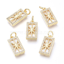 Brass Micro Pave Cubic Zirconia Pendants, with Jump Rings & Natural Shell, Long-Lasting Plated, Cadmium Free & Lead Free & Nickel Free, Rectangle with Star, Clear, Real 18K Gold Plated, 16x8x3mm, Hole: 3.4mm(KK-I673-29G)