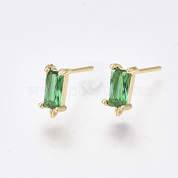 Brass Stud Earring Findings, Cubic Zirconia and Loop, Nickel Free, Real 18K Gold Plated, Rectangle, Green, 8.5x4mm, Hole: 0.8mm, Pin: 0.8mm(X-KK-T038-492A)