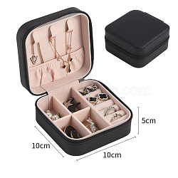 PU Leather Jewelry Box, Travel Portable Jewelry Case, Zipper Storage Boxes, for Necklaces, Rings, Earrings and Pendants, Square, Black, 10x10x5cm(CON-PW0001-178A)