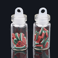 Handmade Polymer Clay Nail Art Decoration Accessories, with Glass Wishing Bottle and CCB Plastic Bottle Stopper, Watermelon, Orange Red, 4~8x4~8x0.1~2mm, about bottle: 27.5x11mm, hole: 3mm(X-MRMJ-N032-24)