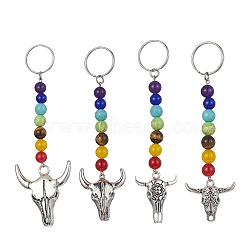 Tibetan Style Alloy Bull Head Kcychain, with Chakra Gemstone Bead and Stainless Steel Findings, 107~122mm, 4pcs/set(HJEW-JM01311)