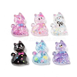 Transparent Resin Bowknot Kitten Decoden Cabochons, Cat Shape with Glitter Powder, Mixed Color, 28x20x7mm(RESI-M045-07)