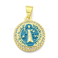 Rack Plating Brass Micro Pave Cubic Zirconia Pendants, with Enamel Cadmium Free & Lead Free, Real 18K Gold Plated, Flat Round, Dodger Blue, 18x15x4mm, Hole: 5mm(KK-B091-22G-06)