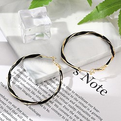 Brass Enamel Twist Ring Hoop Earrings, with 925 Sterling Silver Pins, Real 18K Gold Plated, Black, 48.5x44mm(EJEW-P301-01G-B)