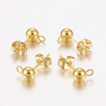 304 Stainless Steel Stud Earring Findings, with Loop, Ear Nuts/Earring Backs, Round, Real 24K Gold Plated, 8x5mm, Hole: 2mm, Pin: 0.8mm