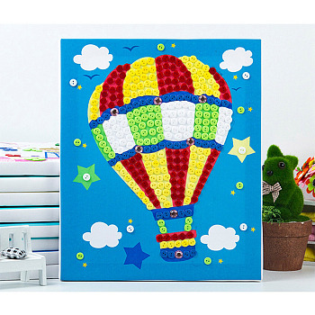 Creative DIY Hot Air Balloon Pattern Resin Button Art, with Canvas Painting Paper and Wood Frame, Educational Craft Painting Sticky Toys for Kids, Colorful, 30x25x1.3cm